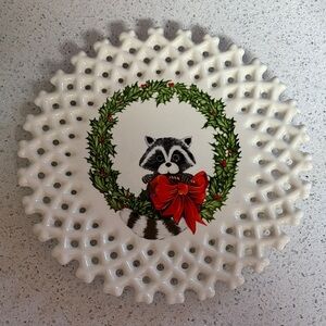 Holiday Wreath Ceramic Plate with Raccoon Design